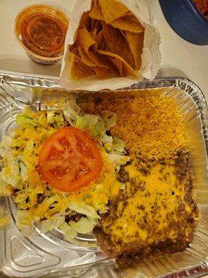 Tostada, rice and beans with fresh chips and salsa!