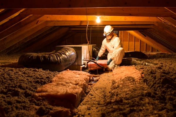 Insulation Installation - installing fiberglass damming in a attic to prevent new cellulose from disturbing the HVAC unit.