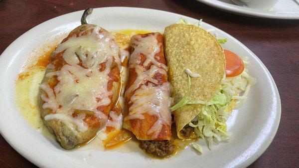 Combination with Chile relleno, beef enchilada and taco