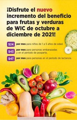 ¡Una gran noticia! ¡Hay un aumento en el valor en efectivo de las frutas y verduras en su tarjeta WIC hasta diciembre de 2021! ¡Únase a WIC