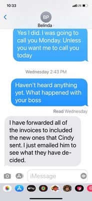 Confirming text messages we were in contact with Belinda Pritchard from Excel Trucking