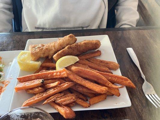 2 piece beer battered cod with sweet potato fries.