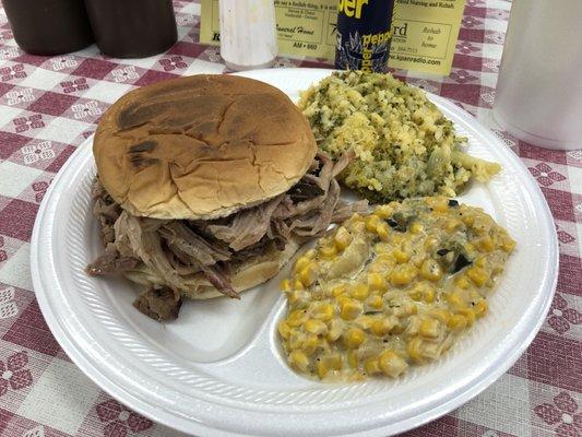 2 meat sandwich, queso corn, and broccoli and rice casserole