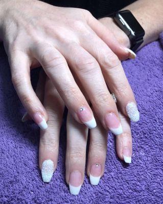 NexGen pink & white. Love the glitter nail and the rhinestone accent! Denise is amazing!