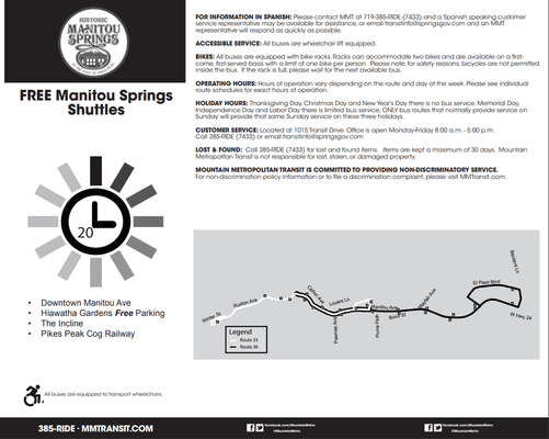 Free MMTransit shuttles in Manitou Springs. #33 to the Incline, #36 (summer only) to downtown Manitou.