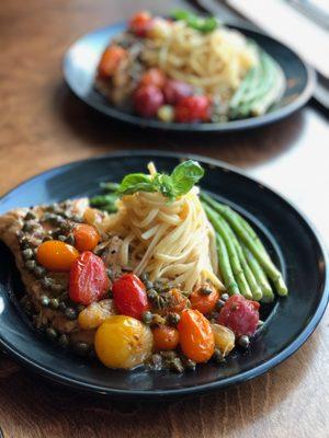 Pan-Seared Cod in Sauvignon Blanc Heirloom Tomato Caper Basil Sauce w/ Linguine tossed in White Truffle Oil