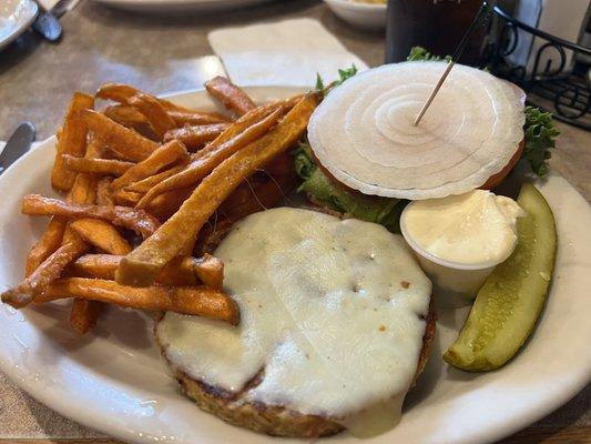 Veggie burger with sweet potato fries