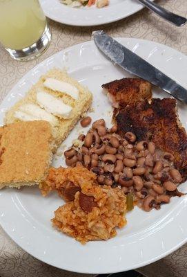 TNT meal of blackened fish, cornbread, black-eyed, jambalaya rice and more!