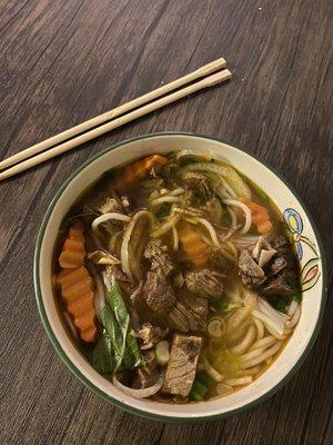 Pho Bo Kho: Vietnamese style spicy beef stew cooked with spices & ground lemongrass, carrot & onion sprinkled with scallion and cilantro.