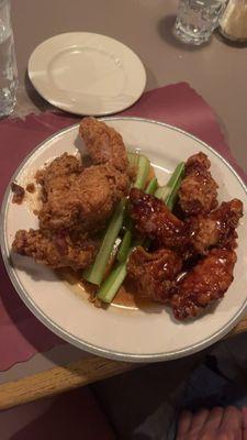 Honey bbq, and teriyaki wings! so crunchy and juicy and goooood