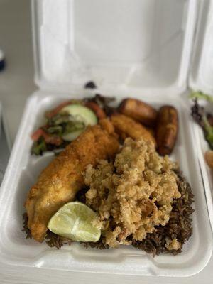 Cracked conch, fried fish, plantains, and rice & peas