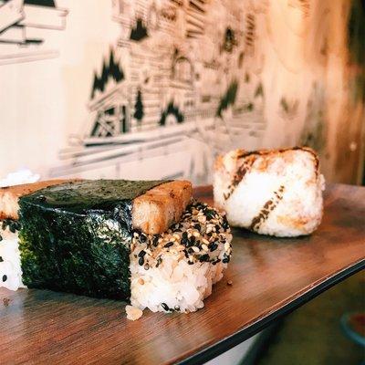 L to R: house made spam musubi, grilled salmon musubi.