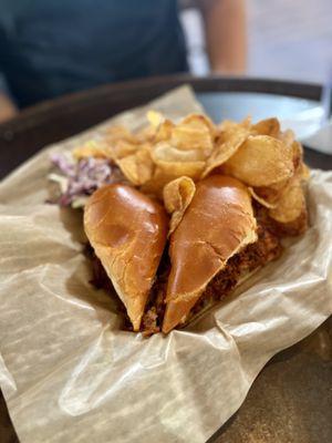 BBQ Pulled Pork Sandwich with Chips.