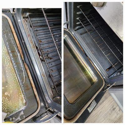 Before and after of the inside oven in the kitchen for our move out home cleaning service