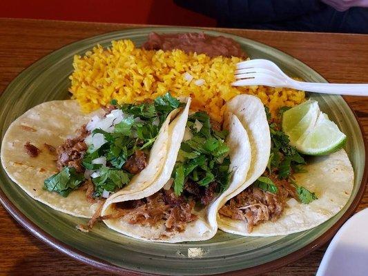 Pork tacos with rice and beans Aka: Tacos de Carnitas