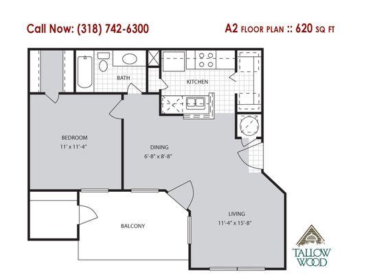 Tallow Wood Apartments A2 Floor Plan :: 620 sq ft