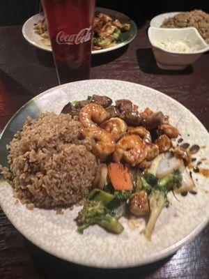 Imperial  Steak, chicken, shrimp with fried rice and veggies.