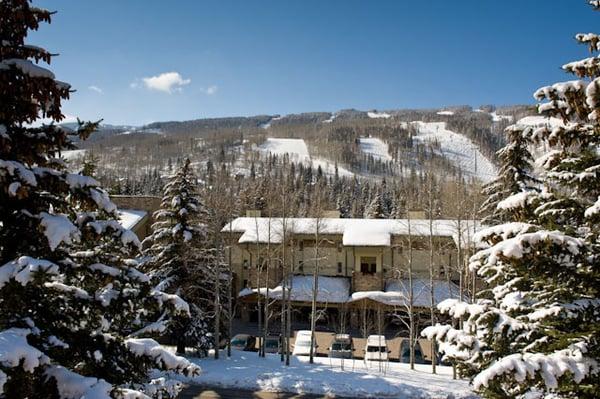 Lodge at Lionshead in winter, steps from Vail Mountain