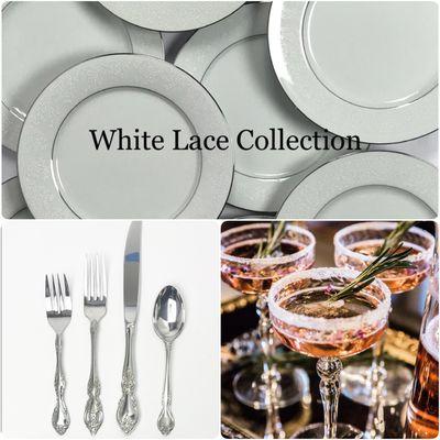 White Lace china plates with silver rim, silver flatware and cocktail coupe glasses all for rent. Near by party rental.