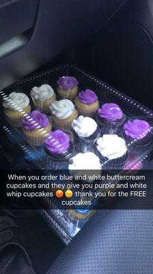 I ordered 3 dozen WHITE and BLUE buttercream cupcakes for my sons football team, I received purple, white, blue, and pink whipcream cupcakes