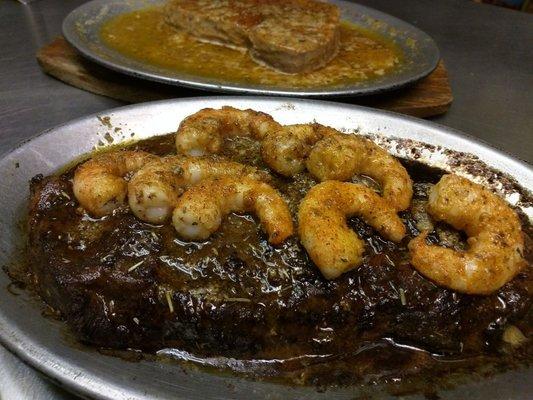 Delmonico Steak Topped with Cajun Shrimp & Cajun Tuna