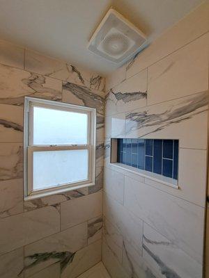 Shower remodel done in only 5 days!! New PVC extension jambs on the window and 28"x12" niche!