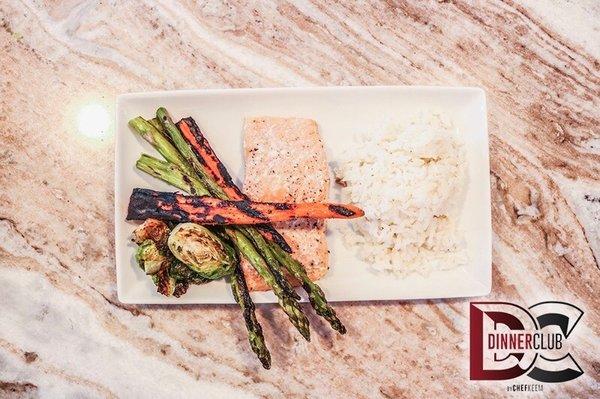 Grill Baked Salmon with a side of rice and Grilled Carrots and Asparagus