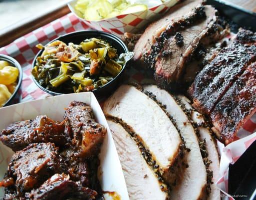 Collards, brisket, pork spareribs, peppery smoked turkey, and boneless beef short rib burnt ends