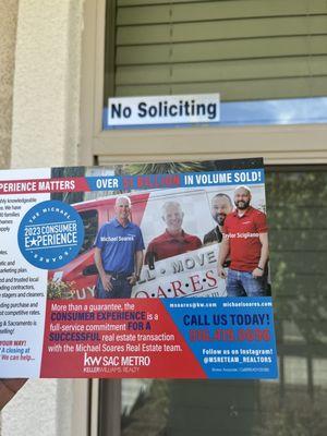 Found this ad jammed into the frame of my front door. Ignored the no solicitation sign.