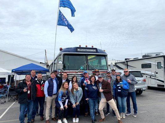 Tailgating ! A Lucky Dog Party Bus is great - with pop up tents, tables,  bathroom, sound system, and kitchen on board we have it covered