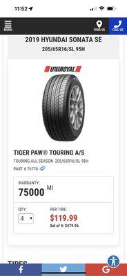 Uniroyal Tiger PawTouring tires.