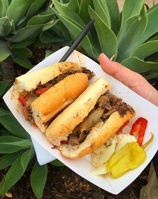 The Works from Culinary Elite.  Has steak, onions, bell peppers, mushrooms, and white American cheese.  Came with pickled veggies.