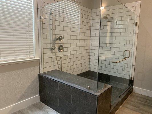 6 x 5 Shower with subway tile, diverter valve and two shower heads