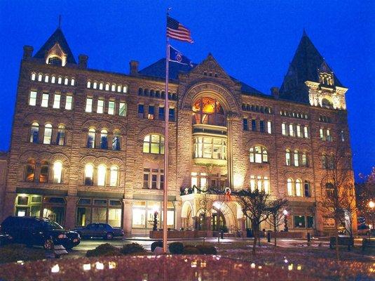 The Piqua Public Library at night during the Holidays 2008