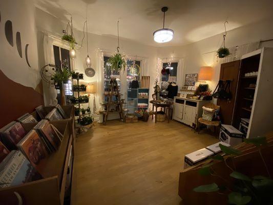 New and used records, hand crafted pots, tea, mugs, indoor plants and turntables