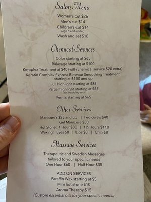 Menu of services