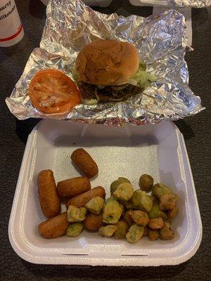 Hush puppies, fried okra, hamburger steak style.