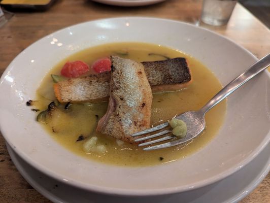 Pan-Seared Steelhead Trout: Basil lemon gnocchi (more like spätzle), local zucchini and tomato, elderflower butter sauce (more like a broth)