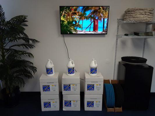 We carry floor stripper, wax, neutral cleaner and floor pads.