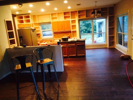 The kitchen is still in remodel mode, but you can see that the wood-look tile looks amazing!