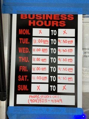 Business hours as of 01/23/2021