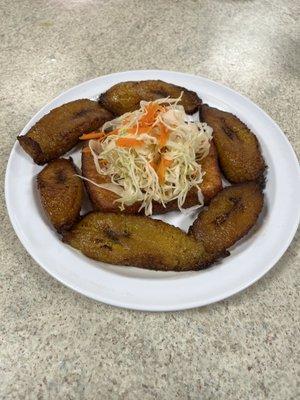 Plaintains Fried Cheese and cabbage salad with Carrots