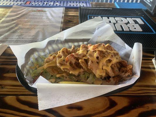 Fried green tomatoes with renoulade and crawfish