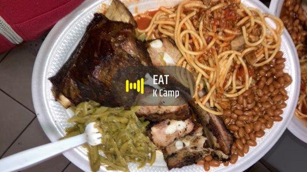 Ribs green beans baked beans and spaghetti