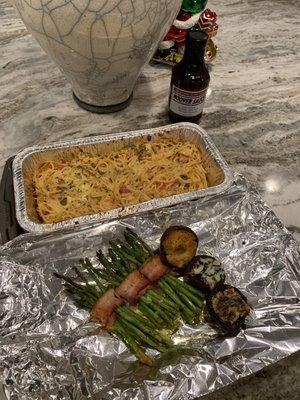 Chicken spaghetti just heat and serve. Plus stuffed mushrooms and bacon wrapped asparagus.