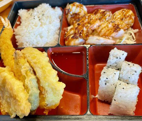 Shrimp Teriyaki Bento - Shrimp with house teriyaki sauce, shrimp & veggie tempura, ginger salad, miso soup, steamed rice, California roll.