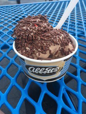 Chocolate custard with chocolate sprinkles.