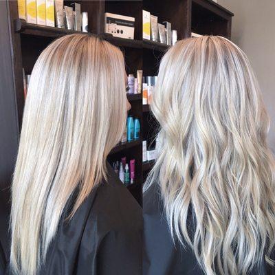 Straight or curly this icy cool blonde balayage is summer ready!