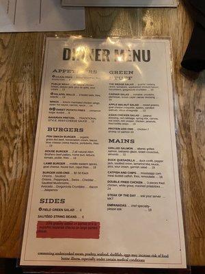 Dinner menu