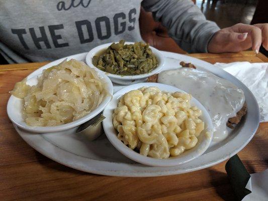 Country fried steak, Mac and cheese, green beans and cabbage